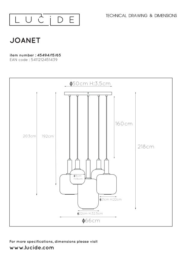 Подвесной светильник Lucide JOANET 45494/15/65
