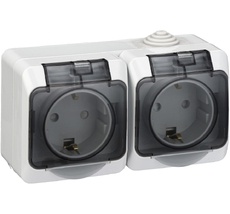 Розетка накладная двойная с заземлением, шторками и крышкой (серый) IP44 Systeme Electric PA16-244C