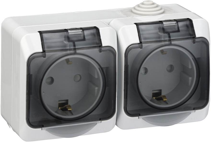 Розетка накладная двойная с заземлением, шторками и крышкой (серый) IP44 Systeme Electric PA16-244C