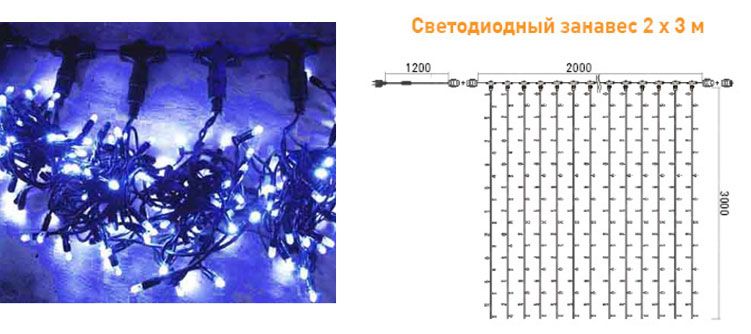 

Гирлянда Занавес 2 x 3 м Синий 220В, 600 LED, Провод Прозрачный ПВХ, IP54 01-057, 01-057