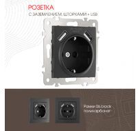 Розетка с заземлением шторками + 2 USB 16A 250V USB DC 5V 2.1A Arte Milano 206.47-1.black