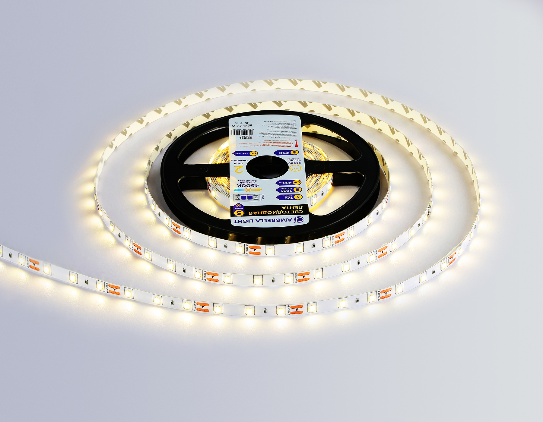 Светодиодная лента 2835 60Led, 4.8W m, 12V IP20 4500K 5m, кратность резки 50mm Ambrella Light GS GS1002_AMB