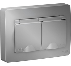 Розетка встраиваемая двойная с заземлением, шторками и крышкой (алюминий) IP44 Systeme Electric BLNRS441123