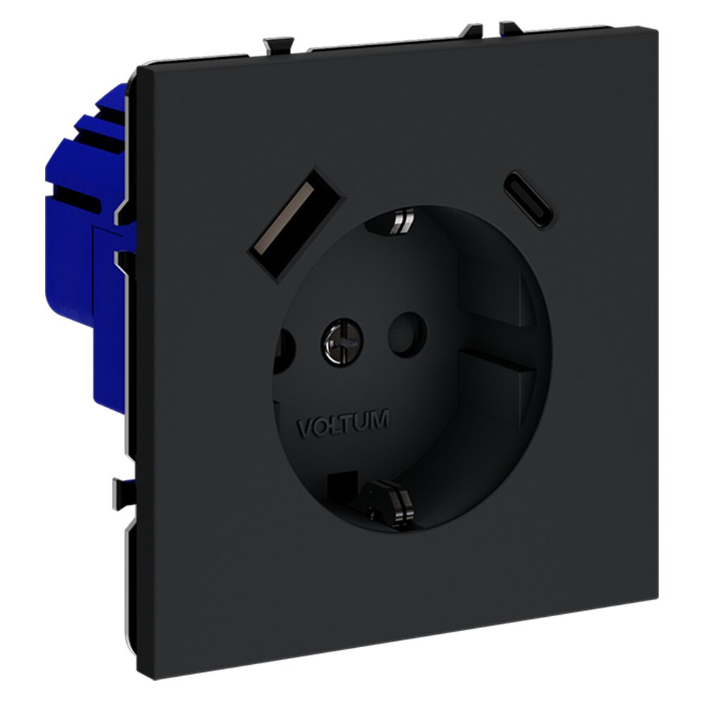 Розетка встраиваемая VOLTUM S70 с заземлением и защитными шторками, 16А, с USB, A+С VLS040507