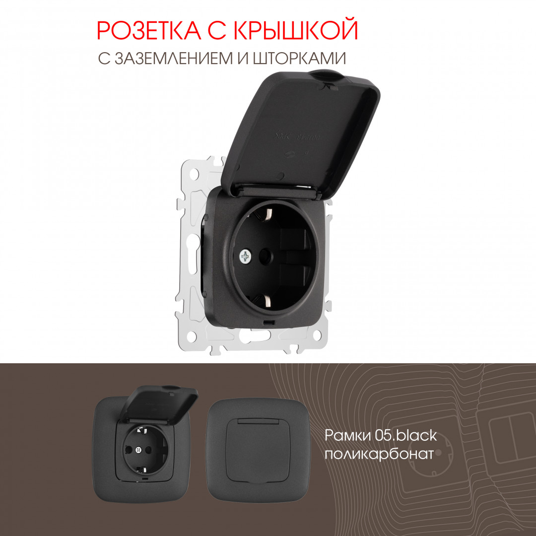 Розетка с заземлением шторками и защитной крышкой 16A 250V Arte Milano 205.41-1.black
