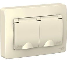 Розетка встраиваемая двойная с заземлением, шторками и крышкой (молочный) IP44 Systeme Electric BLNRS441122