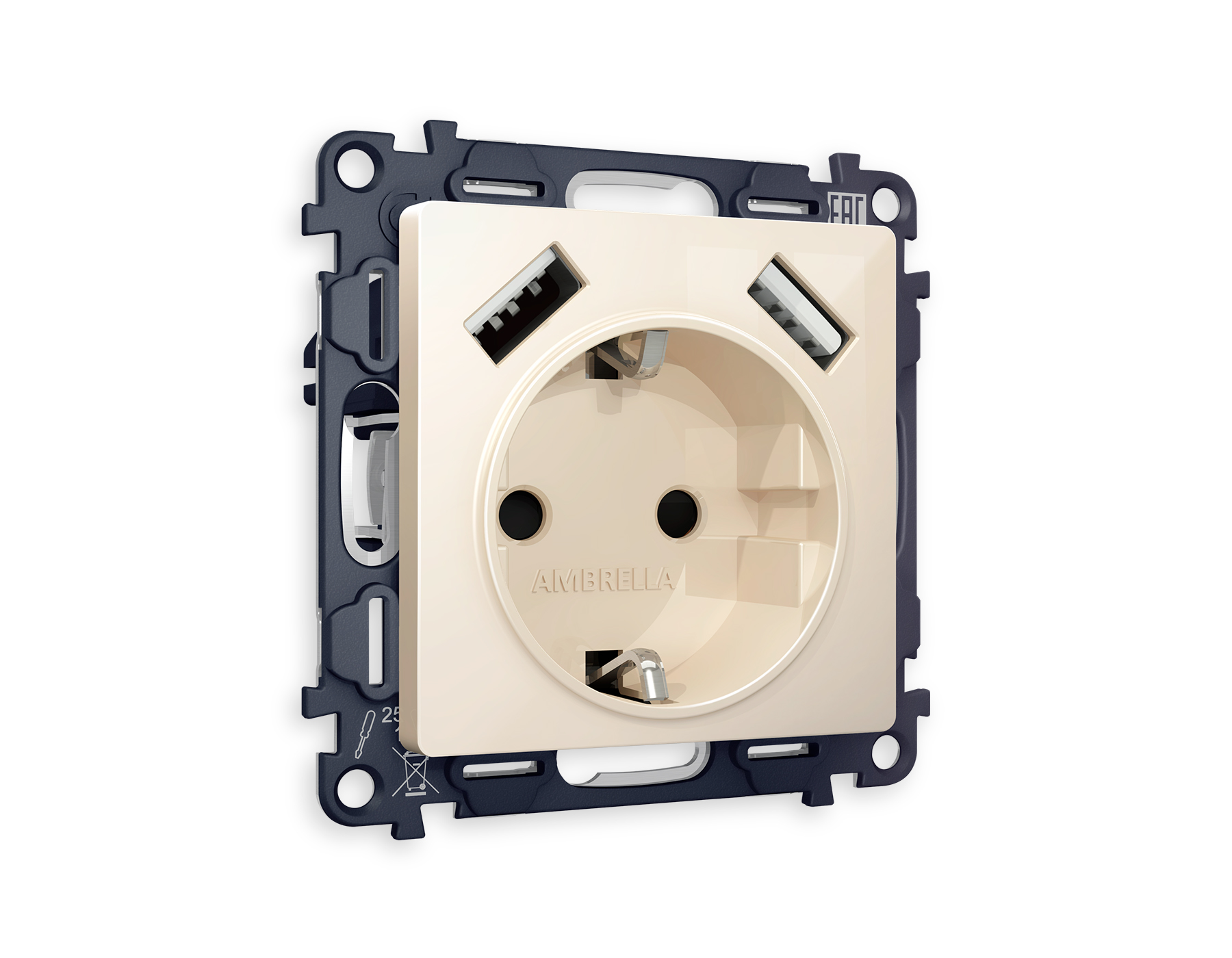 Розетка Ambrella Volt ALFA 2USB A+A 18W быстрая зарядка с заземлением и шторками 2P+E 16A-250V QUANT MA309010_AMB