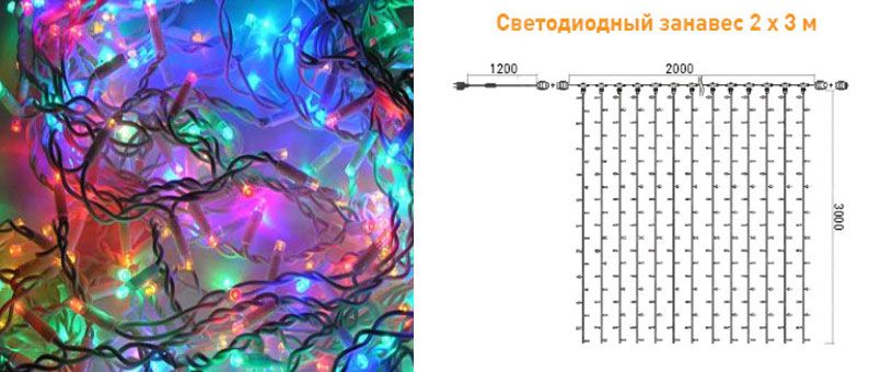 Гирлянда Занавес 2 x 3 м Разноцветный 220В, 600 LED, Провод Черный ПВХ, IP54 PCL602-11-2M