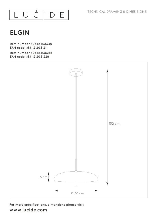 Подвесной светильник Lucide ELGIN 03431/38/30