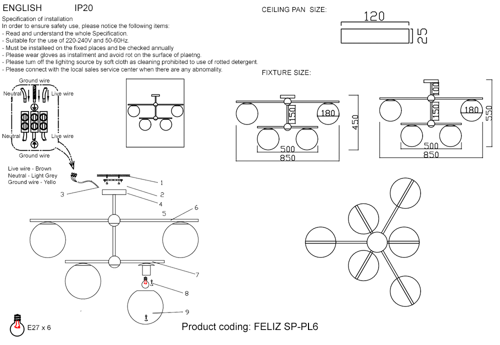 Потолочная люстра Crystallux Crystal Lux FELIZ FELIZ SP-PL6 BRONZE/WHITE_CR