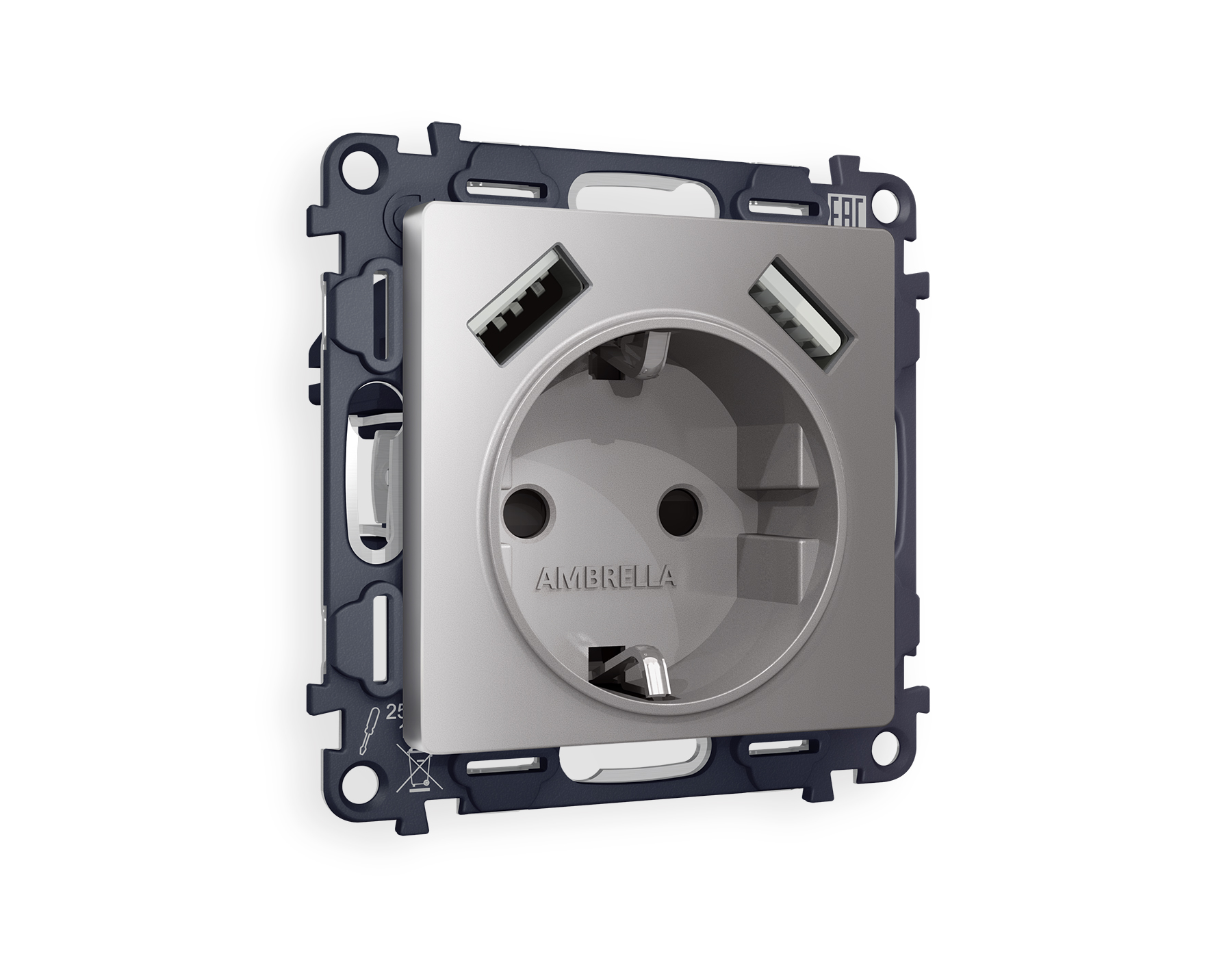 Розетка Ambrella Volt ALFA 2USB A+A 18W быстрая зарядка с заземлением и шторками 2P+E 16A-250V QUANT MA509010_AMB
