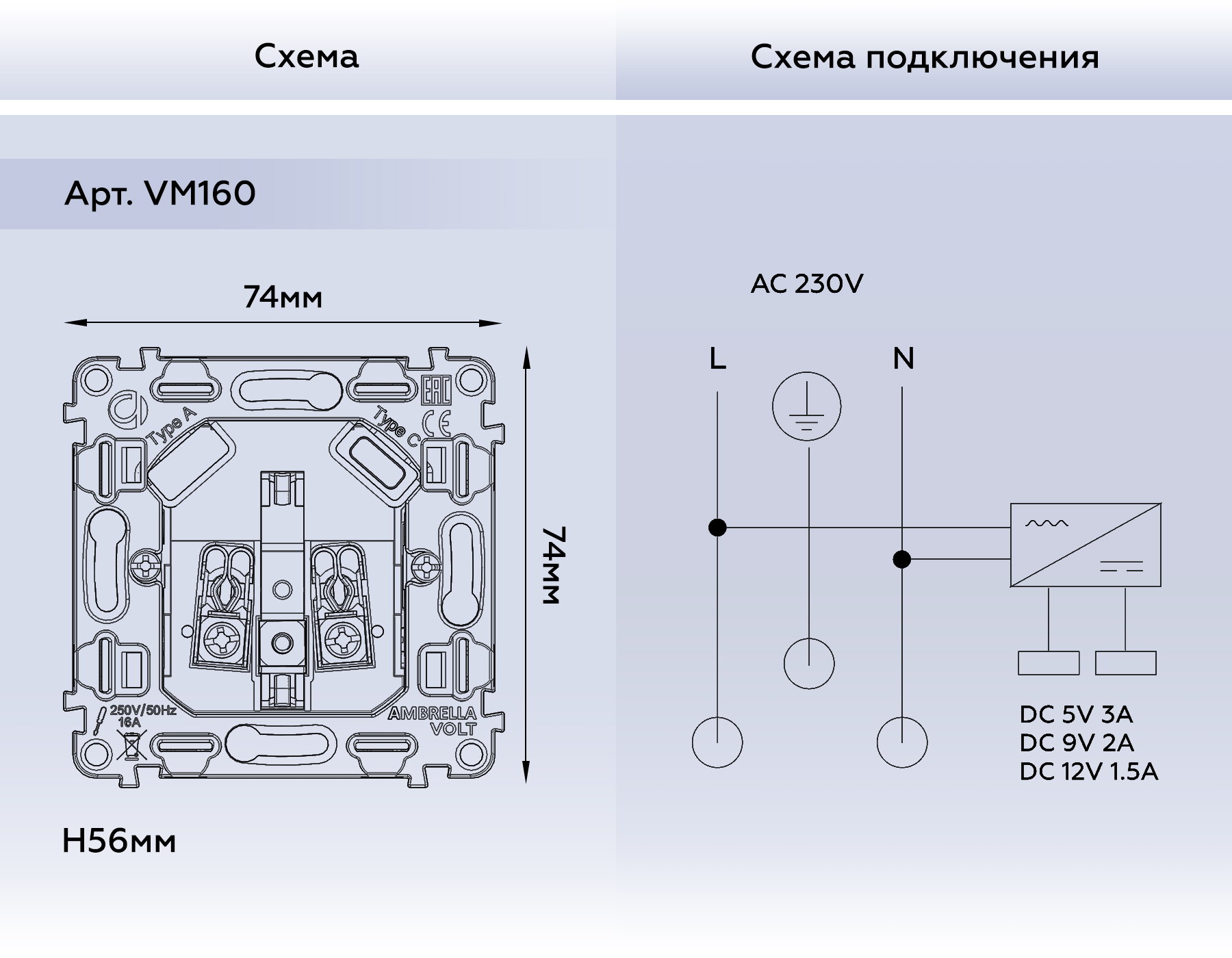 Розетка 2USB A+C 20W быстрая зарядка с заземлением на винтовых зажимах 16A 250V Ambrella Volt QUANT VM160_AMB