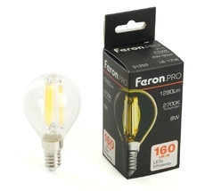 Лампа светодиодная филамент G45 шар 8W 175-265V E14 2700К Feron 51259_FR