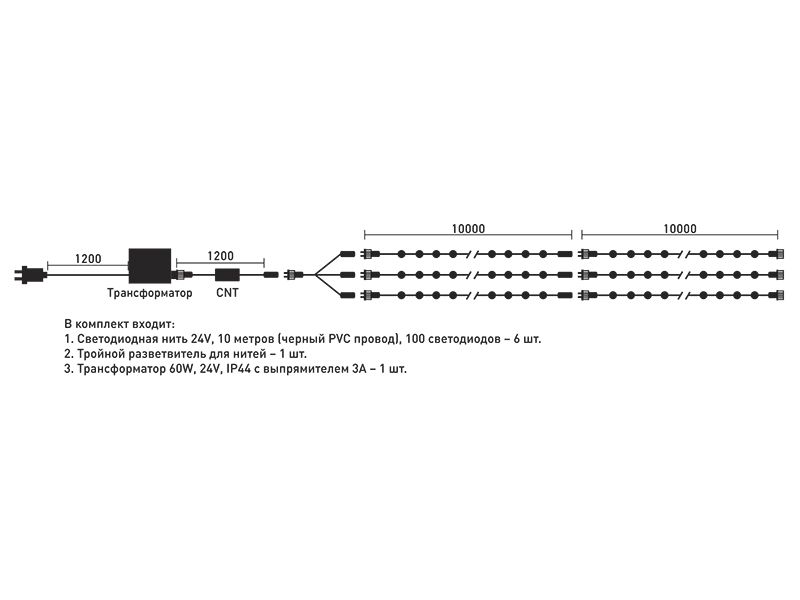 Комплект 3 Розовых Нити по 20м, 600 LED, Провод Черный ПВХ, IP54 KDD600-11-1P