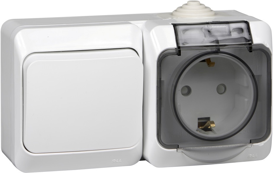 Розетка накладная с заземлением и крышкой с одноклавишным выключателем (белый) Systeme Electric BPA16-246B