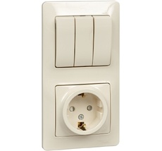 Розетка встраиваемая с заземлением с трехклавишным выключателем с подсветкой (Бежевый) Systeme Electric GSL000278