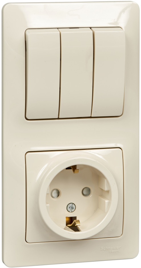 Розетка встраиваемая с заземлением с трехклавишным выключателем с подсветкой (Бежевый) Systeme Electric GSL000278