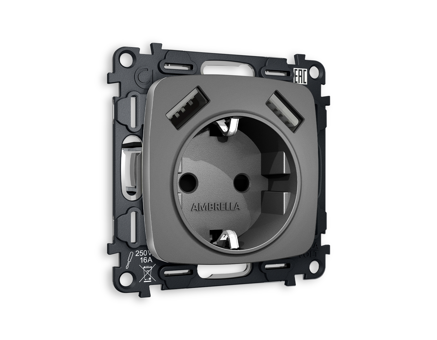 Розетка Ambrella Volt OMEGA 2USB A+A 18W быстрая зарядка с заземлением и шторками 2P+E 16A-250V QUANT MO659010_AMB